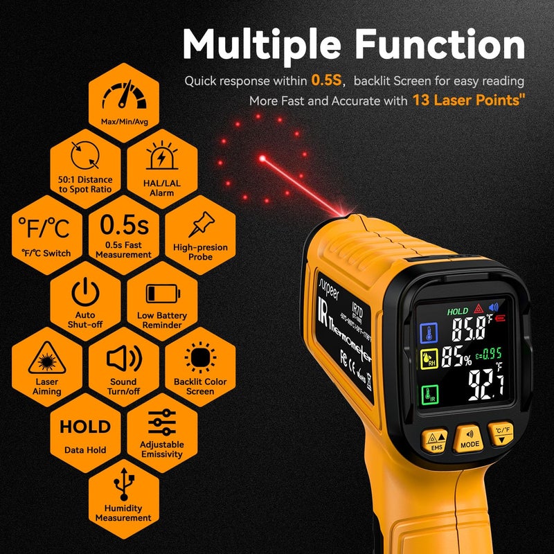 SURPEER 50:1 Infrared Thermometer IR Laser Gun, -58°F to 1796°F, Digital Temperature Gun/K-Type Probe -4°F to 932°F & Humidity Sensor for Cooking, Pizza Oven BBQ HVAC Home-Industrial Use - Image 2